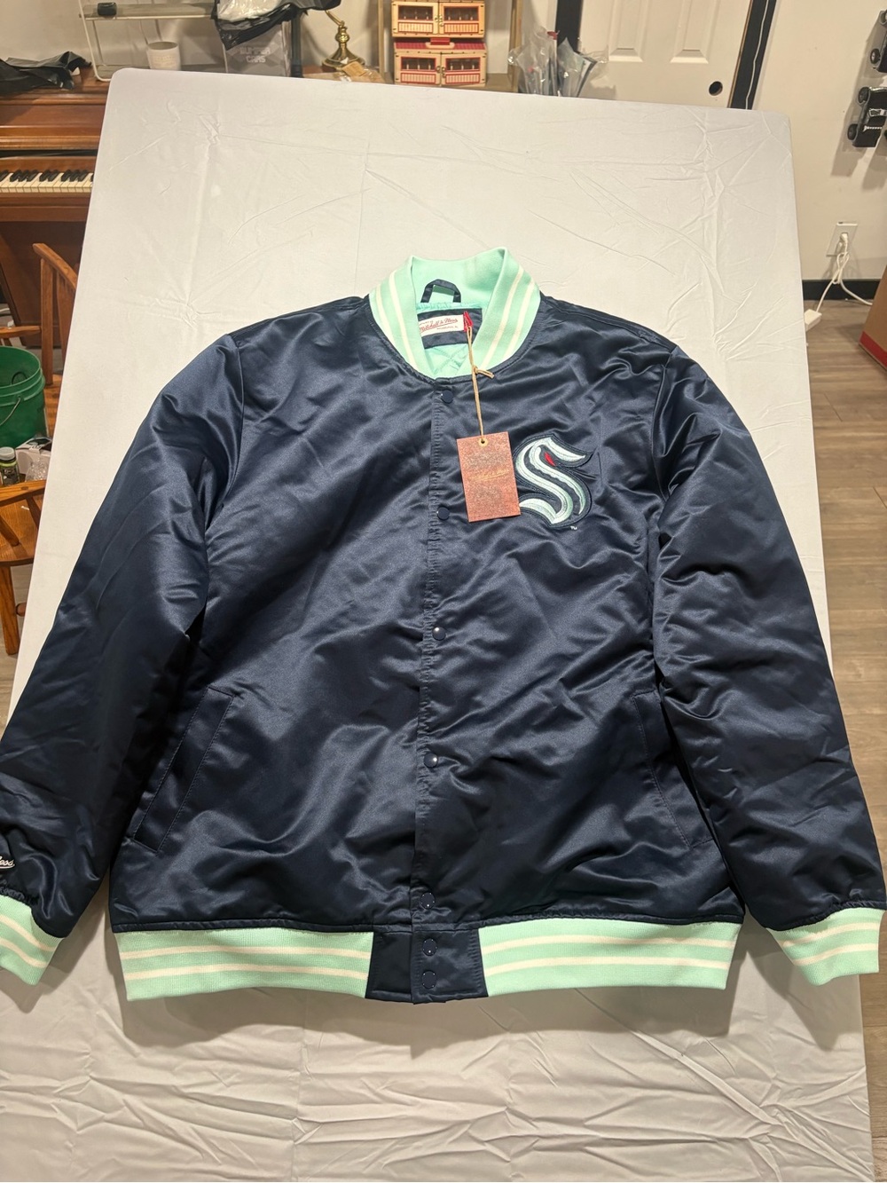 Mitchell & Ness Navy Satin Bomber Jacket with Mint Trim